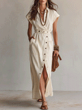 Elegant Vacation Sand Beige Belted Linen Maxi Dress