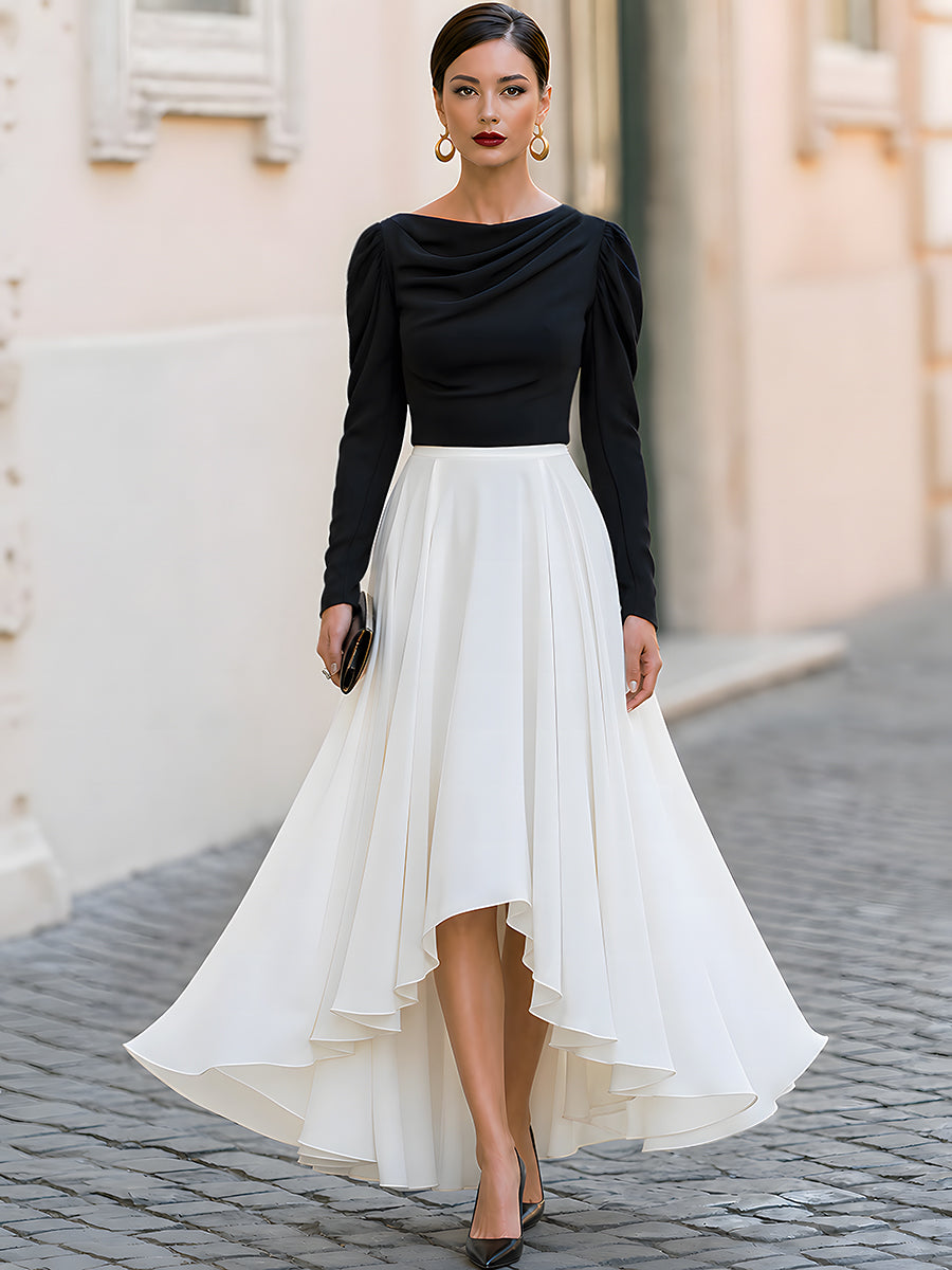 Draped Neck Puff Sleeve High-Low Maxi Dress