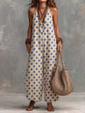 Women's Polka Dot Print V-neck Sleeveless Casual Loose-fit Cotton-linen Wide-leg Jumpsuit