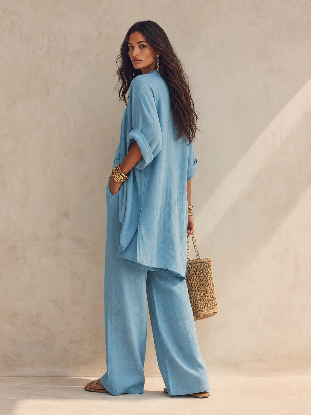 Women's 3-Piece Set Open Front Kimono Cardigan Cami Top Wide Leg Pants Casual Linen Look Outfit
