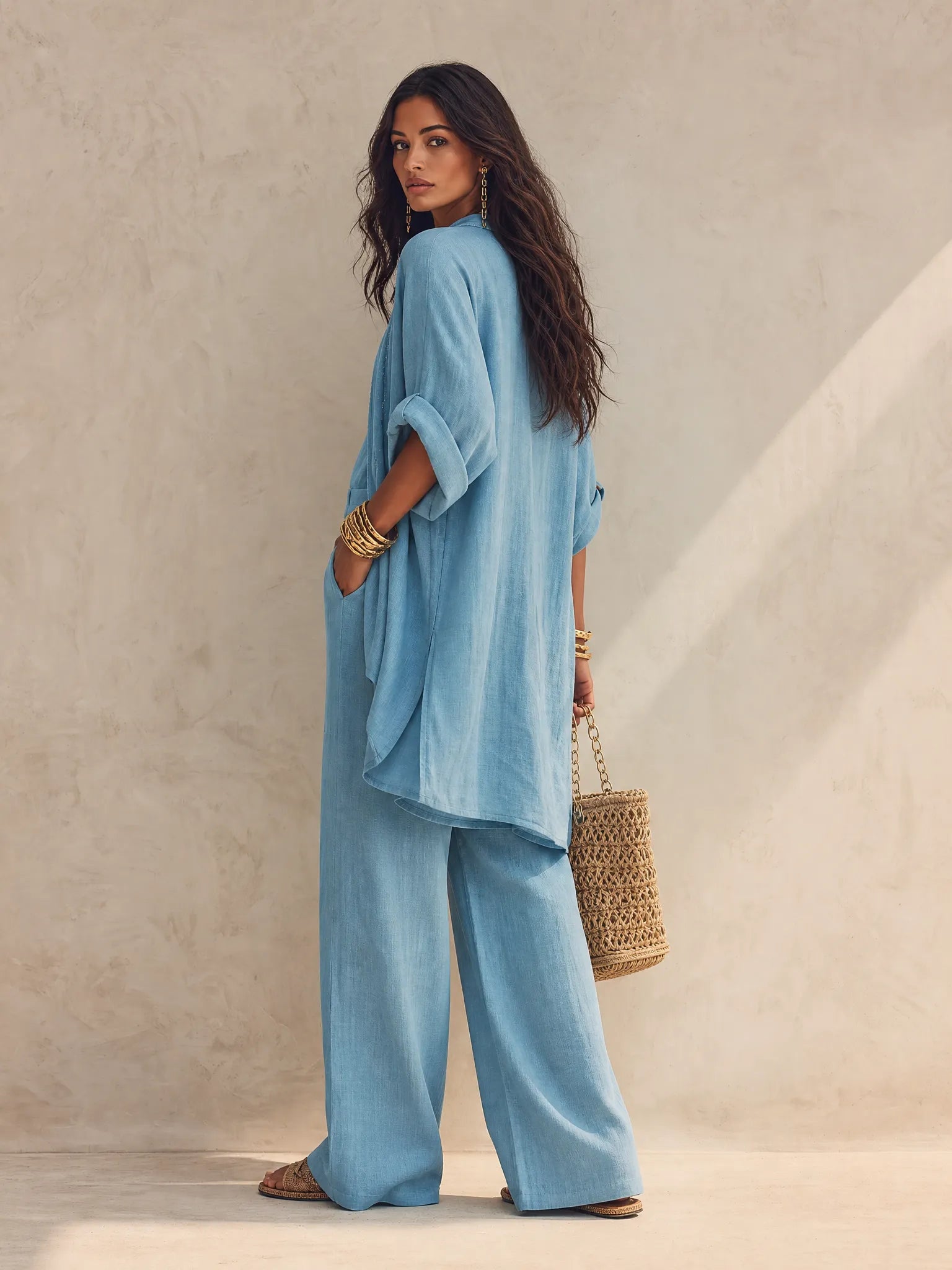 Women's 3-Piece Set Open Front Kimono Cardigan Cami Top Wide Leg Pants Casual Linen Look Outfit