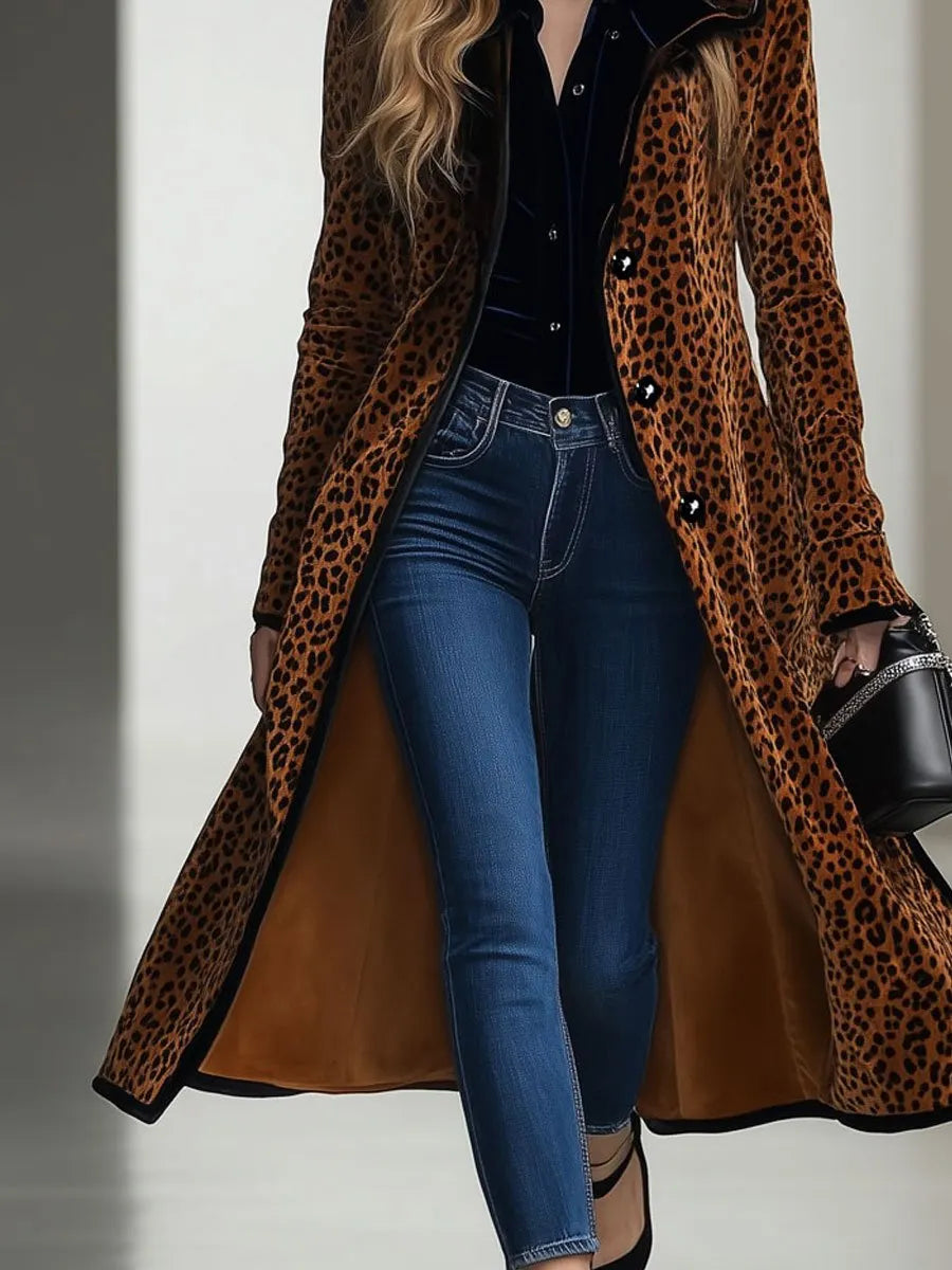 [24-hour shipping out]Casual Loose Vintage Velvet Leopard Print Black Trim Hooded Long Coat