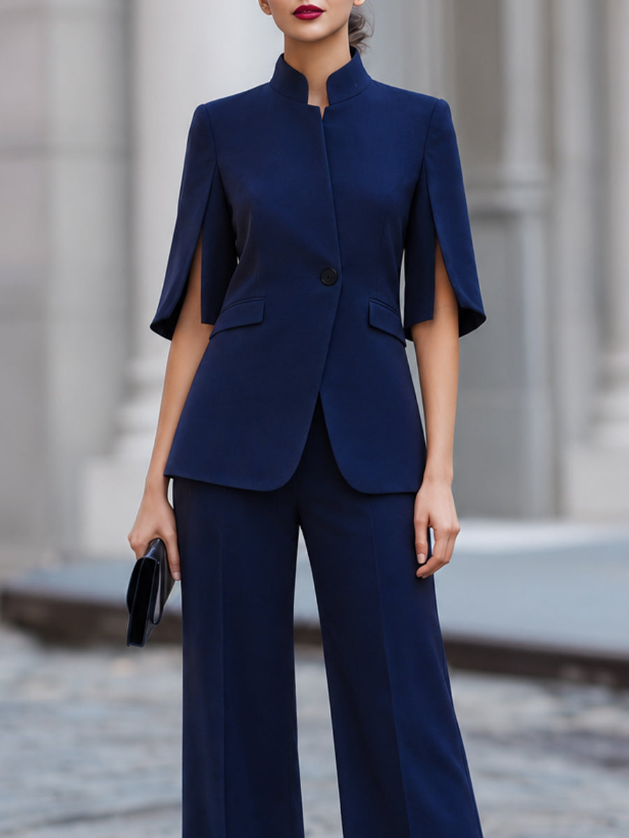 Stand Collar Short Sleeve Blazer & Wide Leg Trousers Two-Piece Formal Suit Set