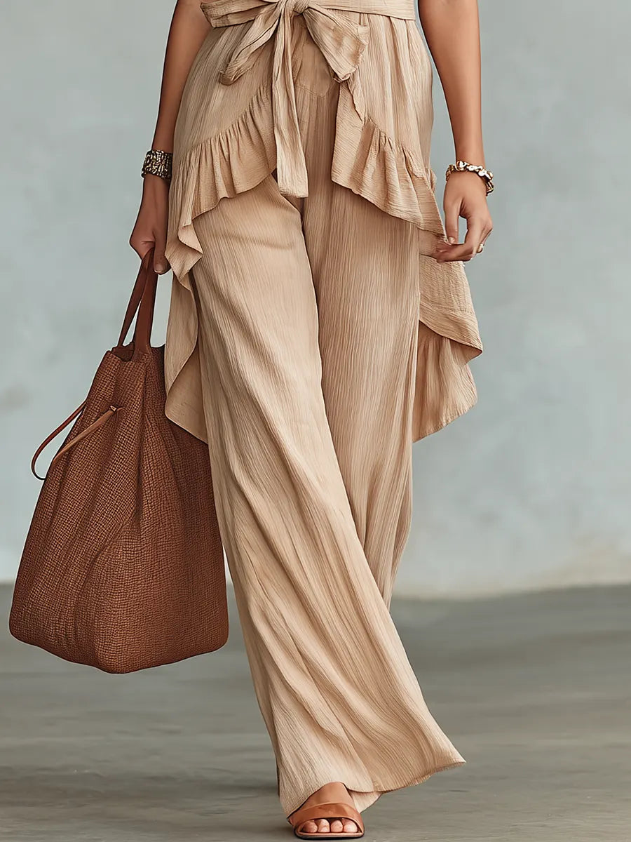 Refined Beige Sleeveless Ruffle Wide Leg Pant Set