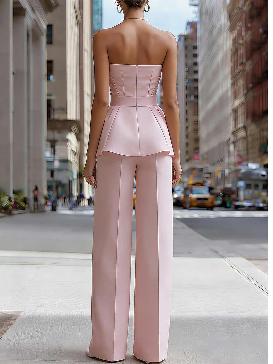 Strapless Peplum Bow Top And Tailored Wide-Leg Pants Set