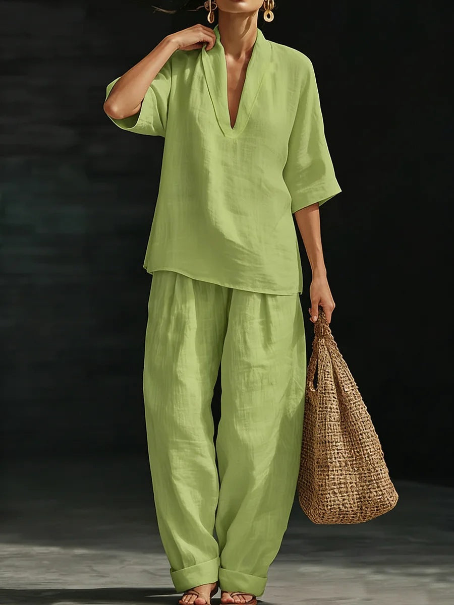 Gurtons Coastal Chic 2-Piece Set - V-Neck Linen-Textured Tunic & Wide-Leg Pants Lounge Set