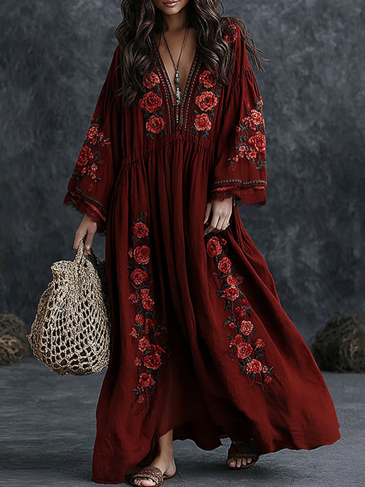 Women's Vintage Floral Art Print Flowy Linen Blend Casual Long Sleeve Maxi Dress