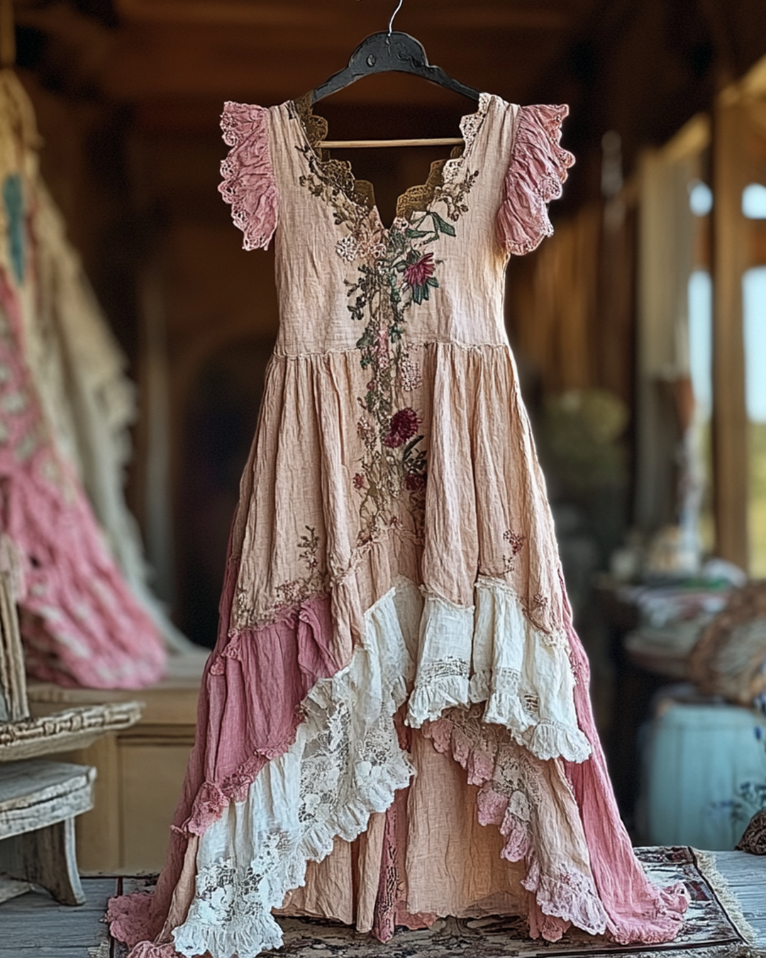 Summer Vacation Ruffle  Lace Patchwork Dress   73e0