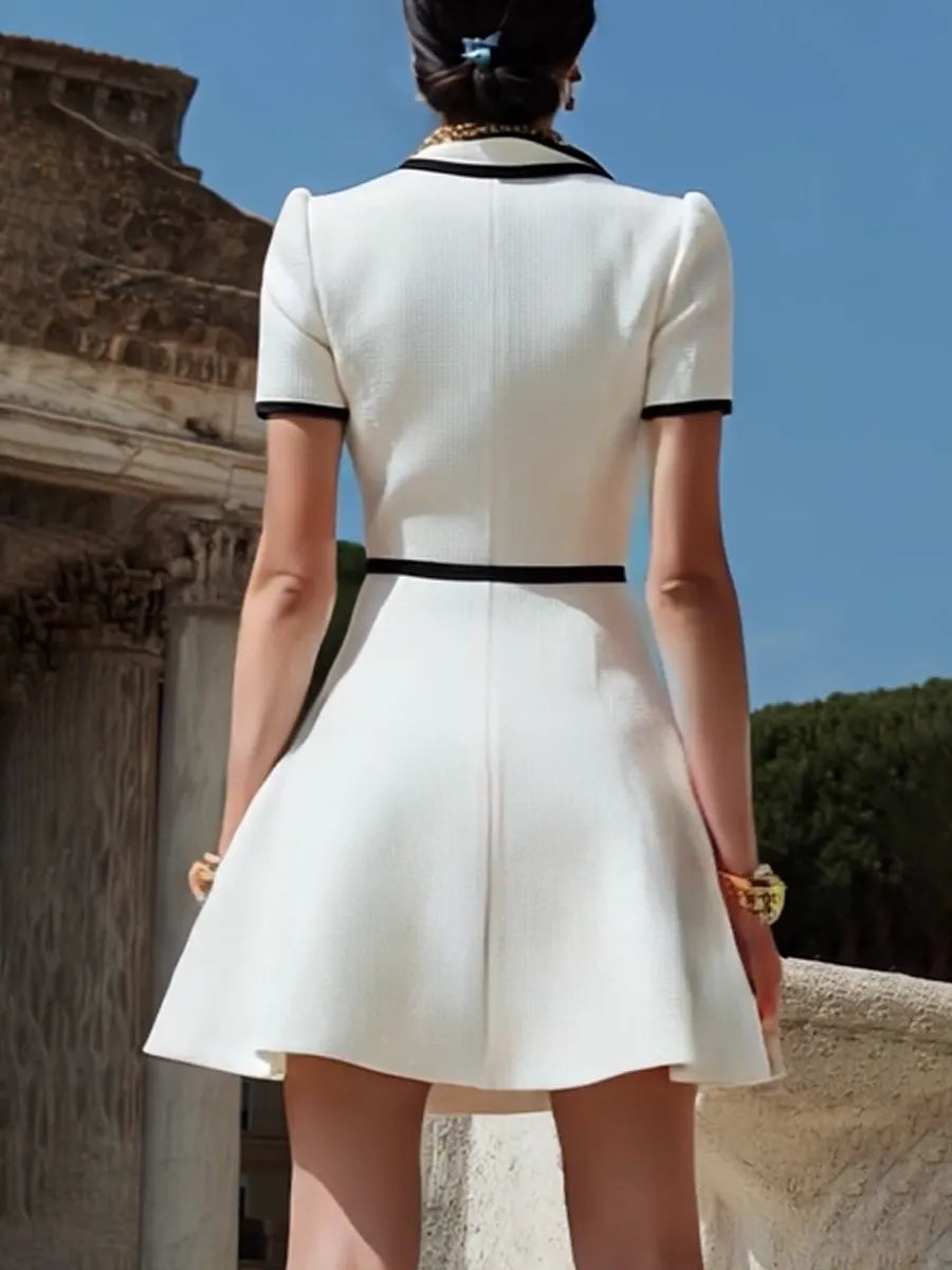 [24-hour shipping out]Women's White Zipper Design With Black Trim Dress