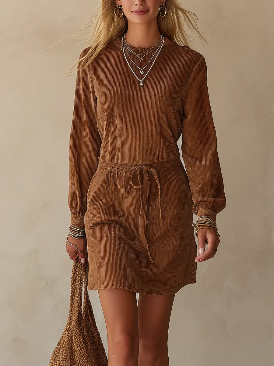 Earthy Boho Corduroy Drawstring Waist Mini Dress