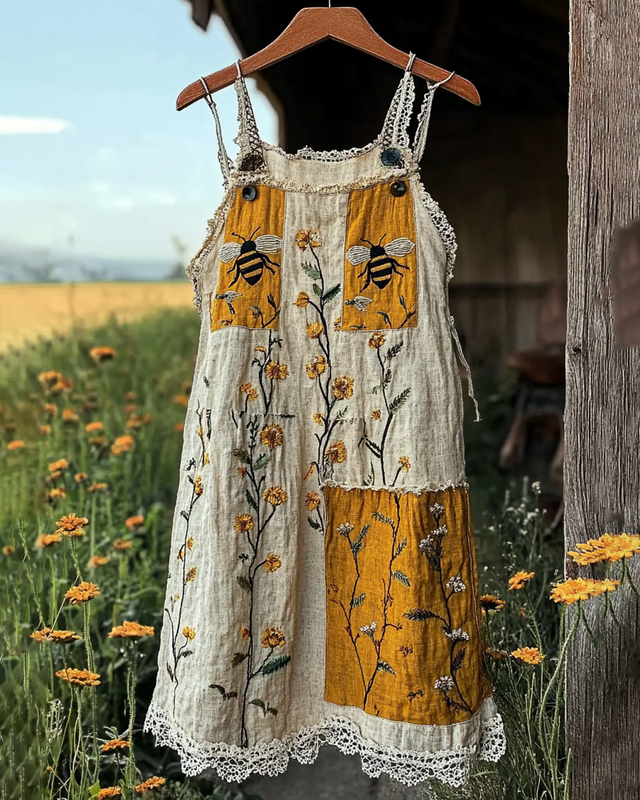 Summer Floral Bee Patchwork Embroidered Dress 0cb4