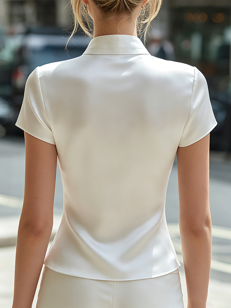 Stand-Collar Keyhole Satin Short-Sleeve Top