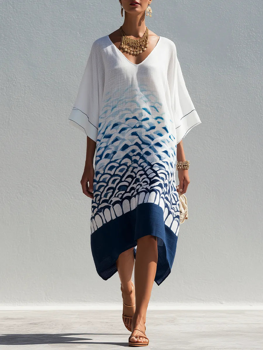 Bohemian Style White And Blue Gradient Kaftan Dress