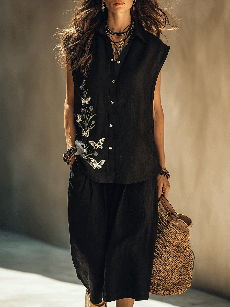 Bohemian Black Floral-Embroidered Loose-Fit Everyday Shirt And Mid-Length Shorts Set
