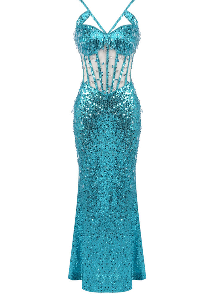 Crystal Sequin Corset Maxi Dress Turquoise