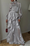 Silver Grey Tie Neck Ruffle Hem Chiffon Maxi Dress