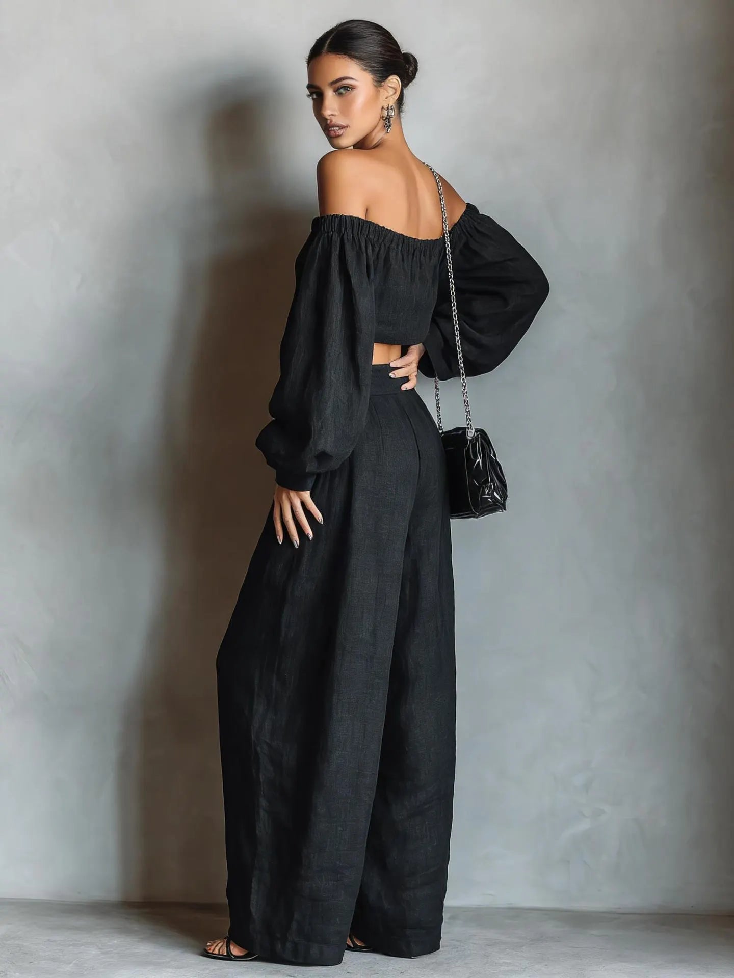 Gurtons Elegant Off-Shoulder Puff Sleeve Two-Piece Set - Flowy Wide Leg Pants Resort Wear
