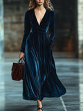 [24-hour shipping out]V-Neck Retro Solid Color Velvet Pocket Long Sleeve Maxi Dress