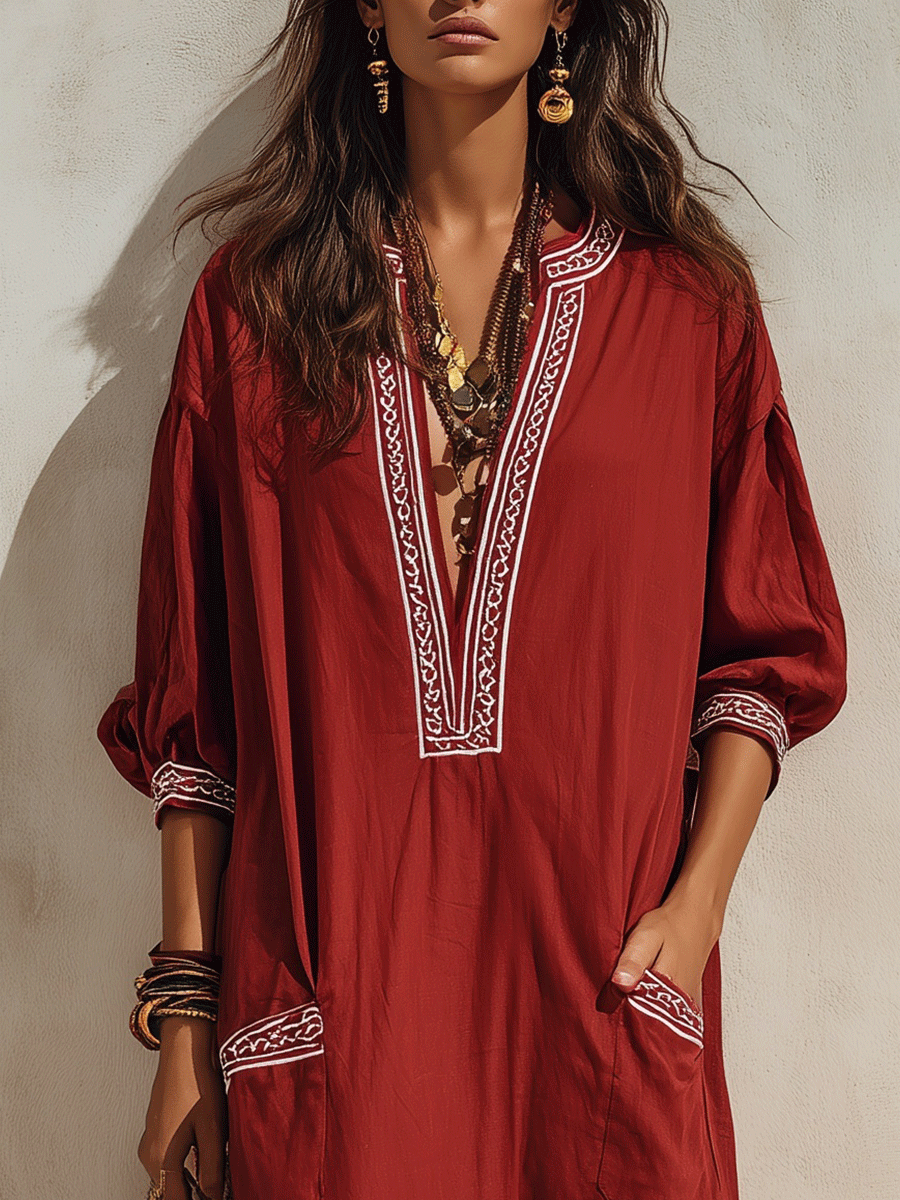 Ethnic Resort Linen Contrast-Trim Pocket Loose Brick Red Peasant Maxi Dress