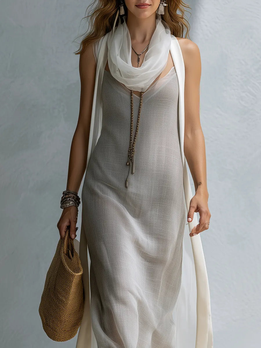 Elegant Ivory Tulle Scarf Midi Dress Set