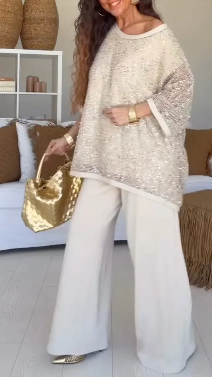 Women's Sequined Mesh Drop-Shoulder Top + Trousers Casual Set