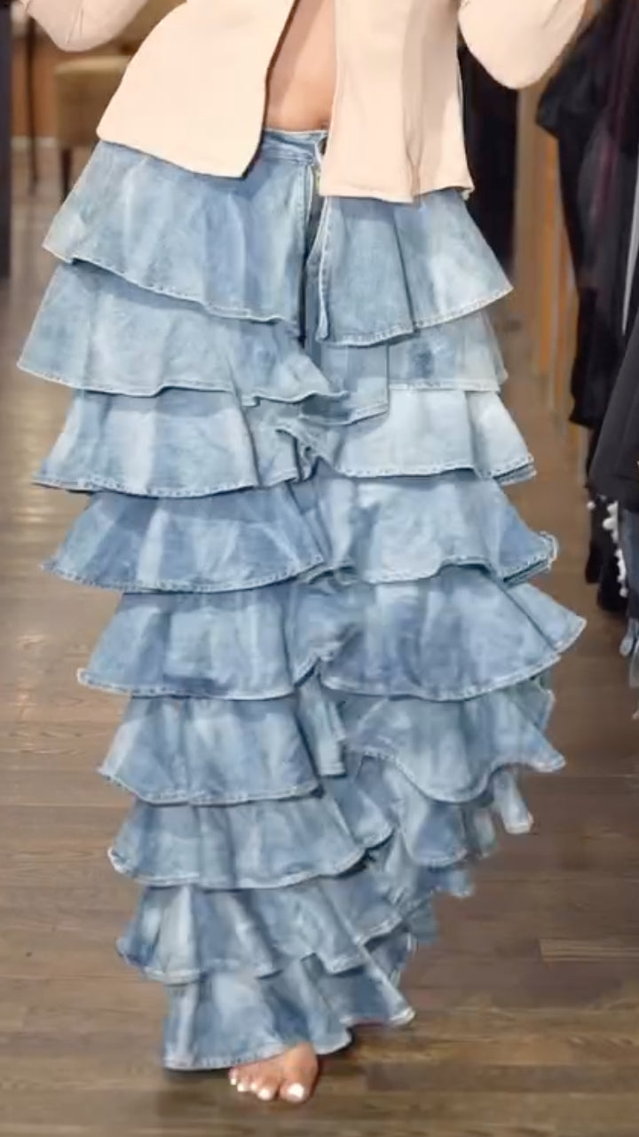 Light Blue Tiered Ruffle Denim Wide Leg Pants