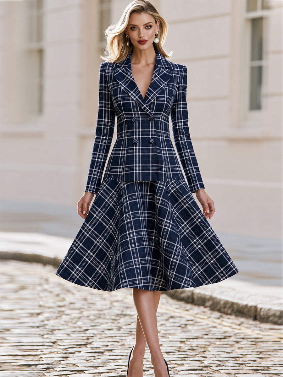 Notched Lapel Double Breasted  Plaid Long Sleeve Fit & Flare Midi Dress