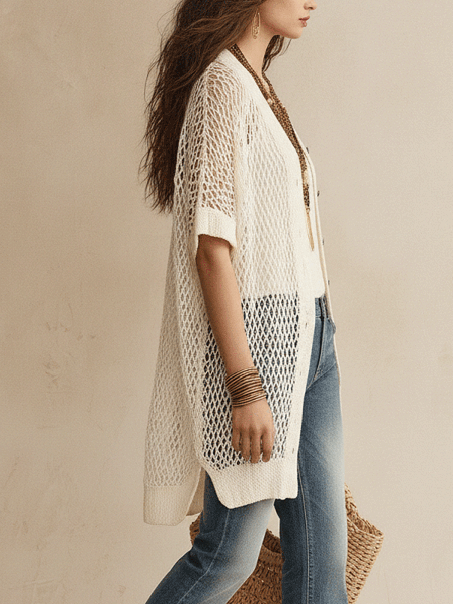 Bohemian Open-Knit Resort Ivory White Cardigan