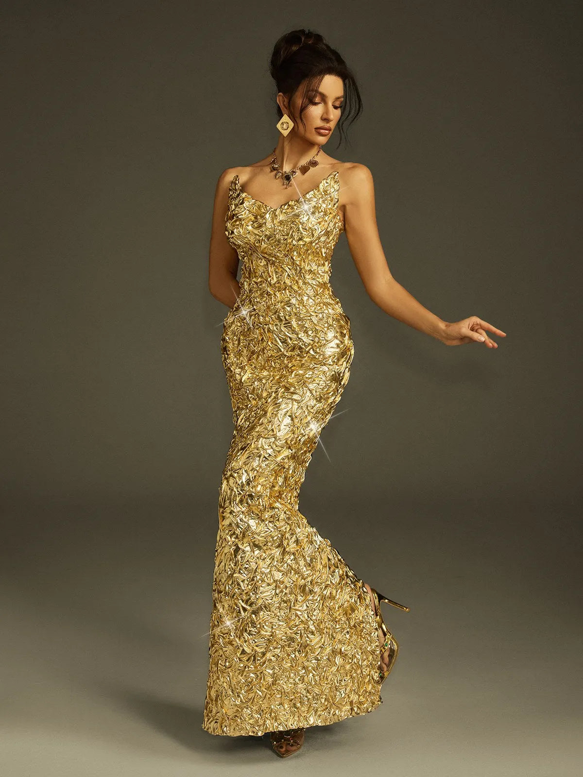 Zyrra Strapless Foil Split Maxi Dress