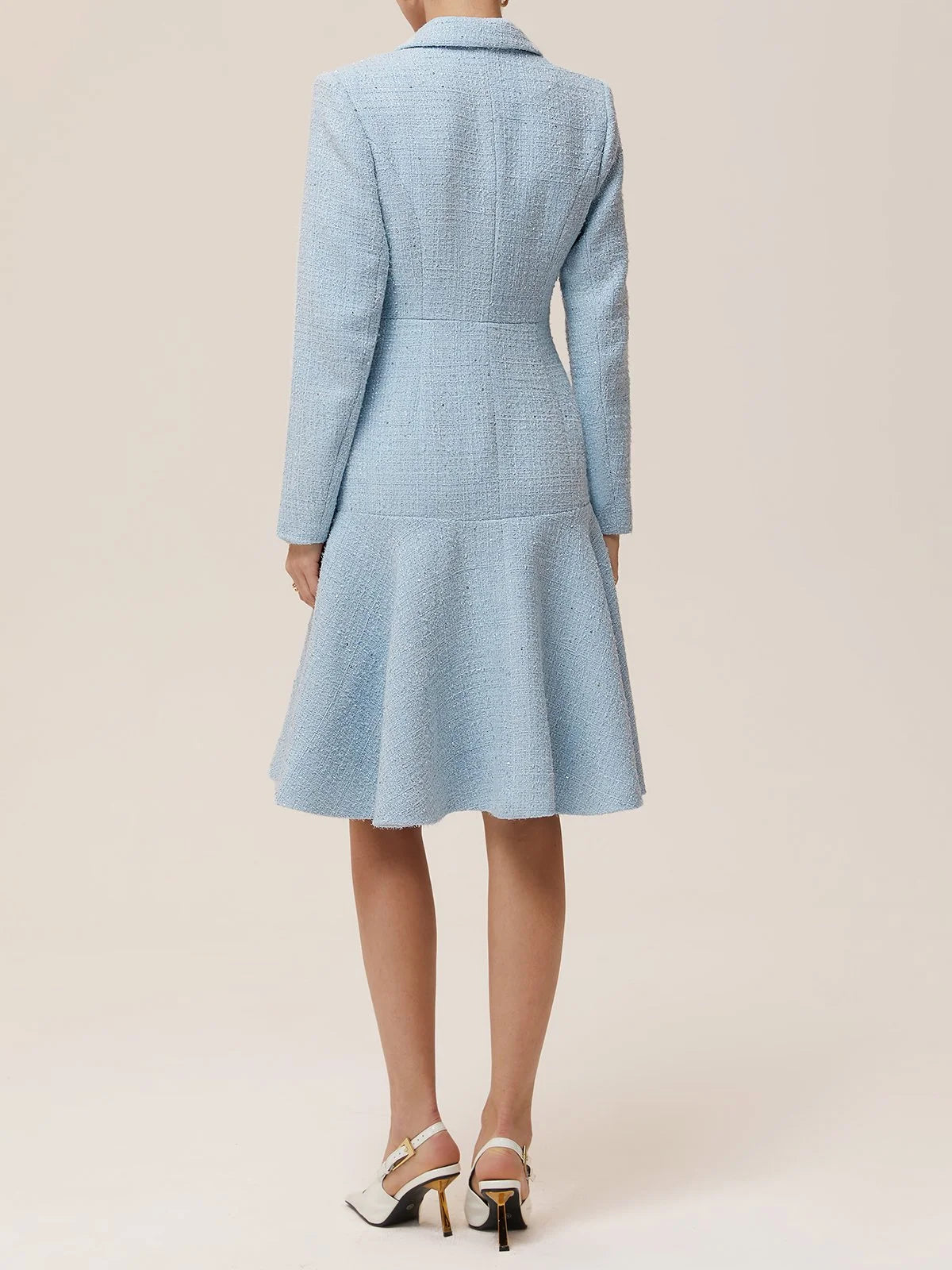 Light Blue Lapel Collar Pocket A-Line Midi Tweed Blazer Dress