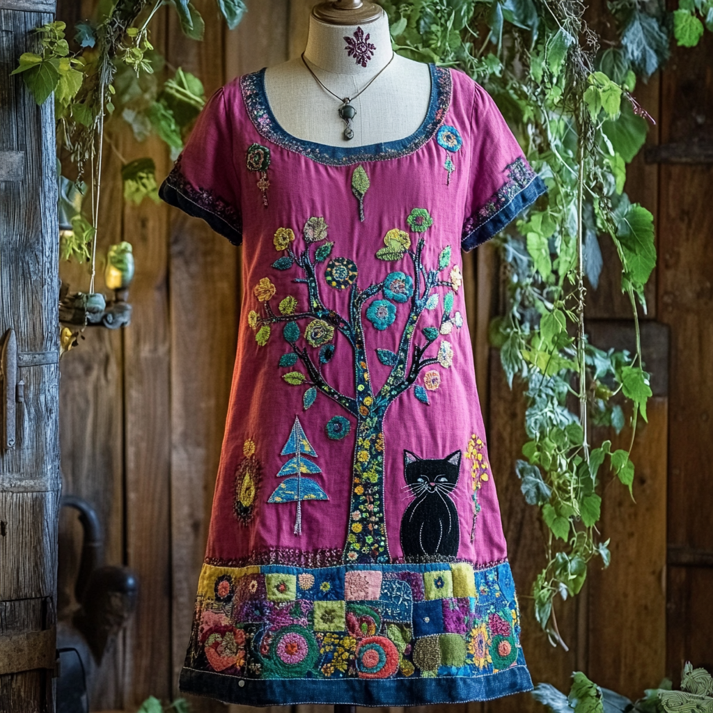 Retro Pop Black Cat And Floral Applique Art Dress