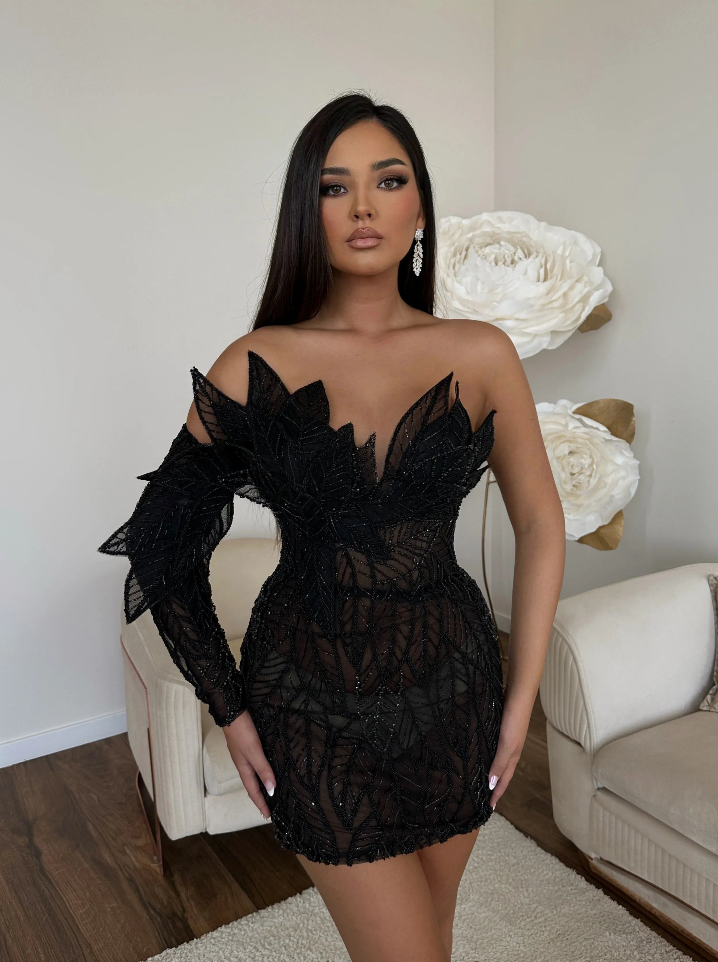 Solid Color Rafaela Leaf Design Mini Dress