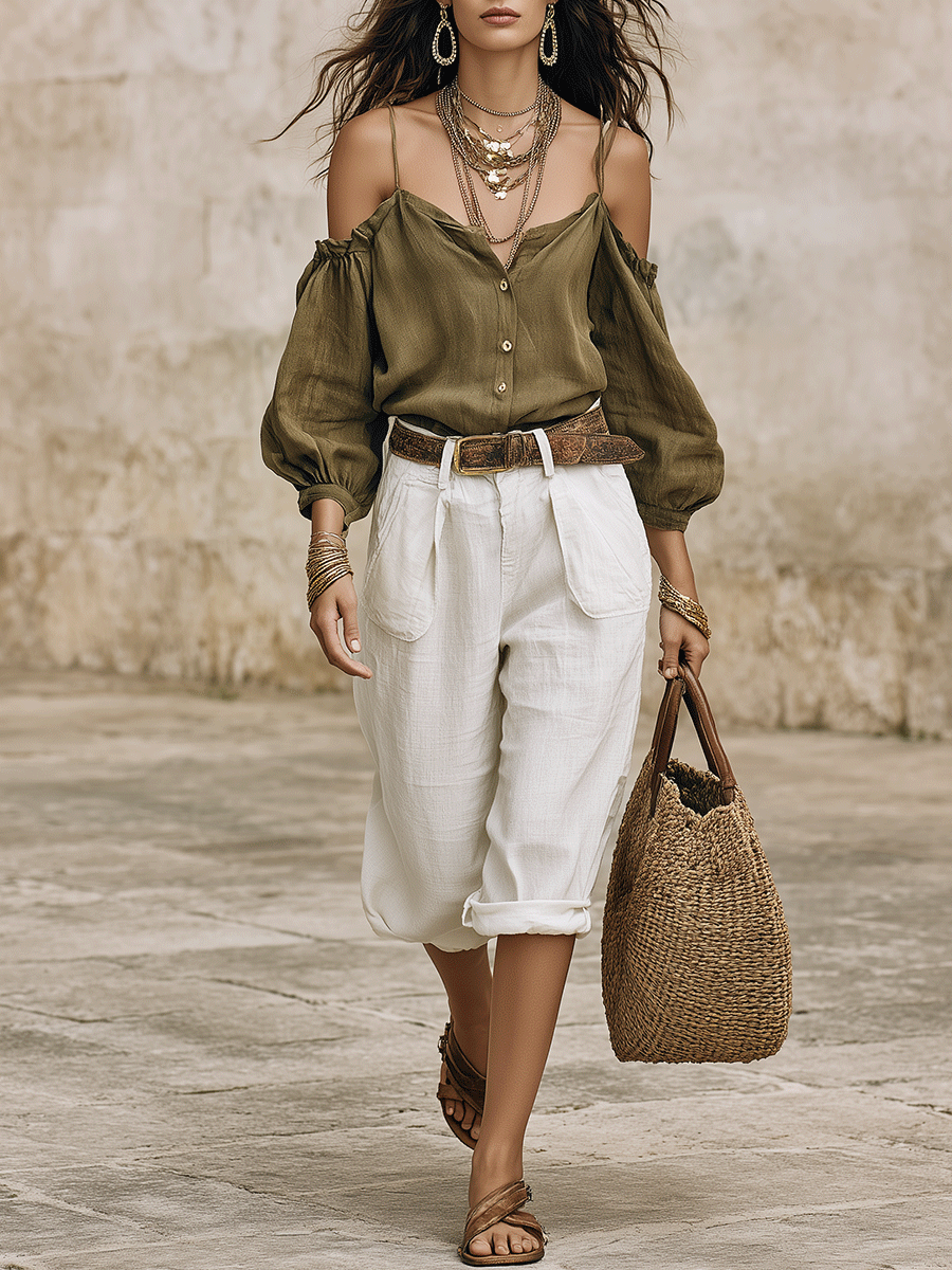 Effortless Boho Off-Shoulder Olive Top & White Pants Set