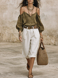 Effortless Boho Off-Shoulder Olive Top & White Pants Set