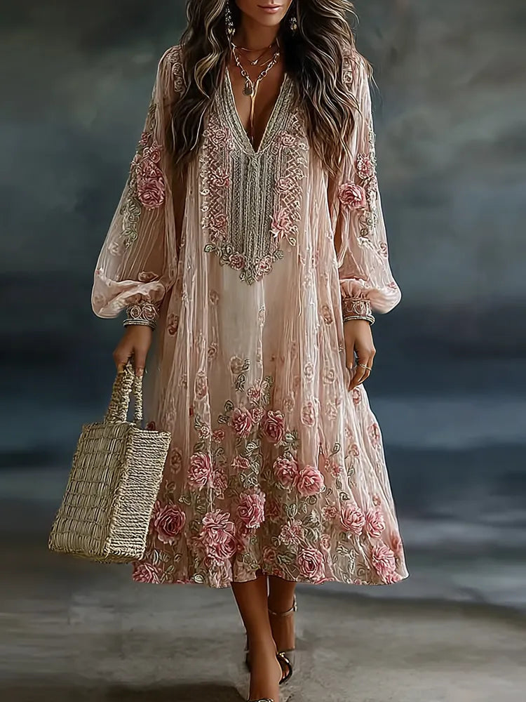 Women's Retro Floral Art Flowy Linen Blend Casual Long Sleeve Maxi Dress