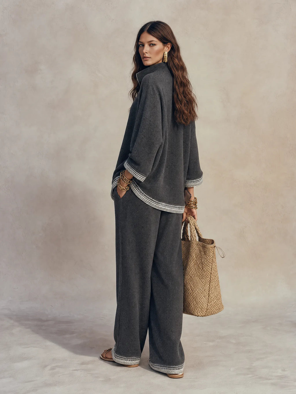Women's Textured V-Neck Half-Zip Top and Wide-Leg Pants Two-Piece Set
