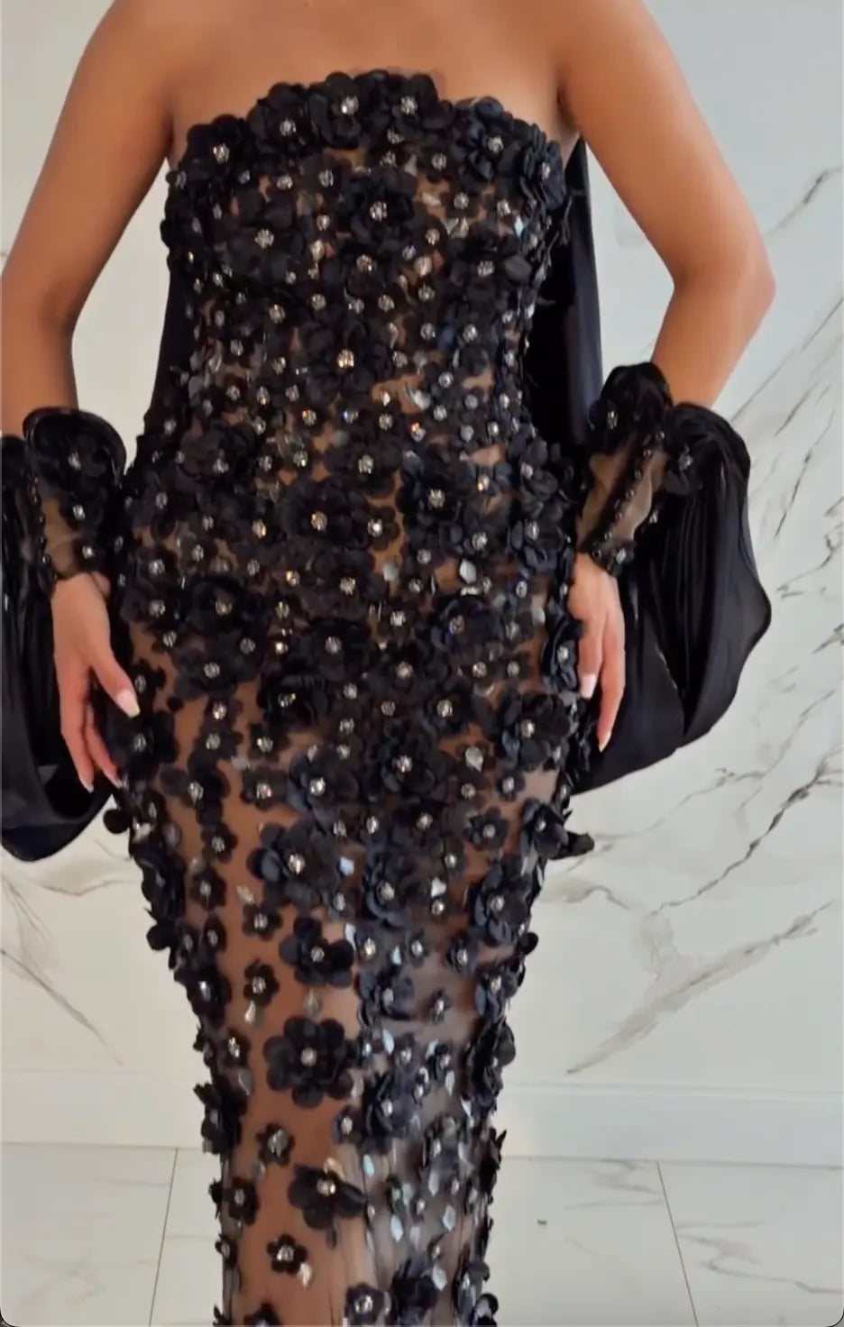 Strapless 3D Floral Rhinestone Sheer Mermaid Evening Gown, Black Choker Cape & Cuffs Formal Bodycon Maxi Dress