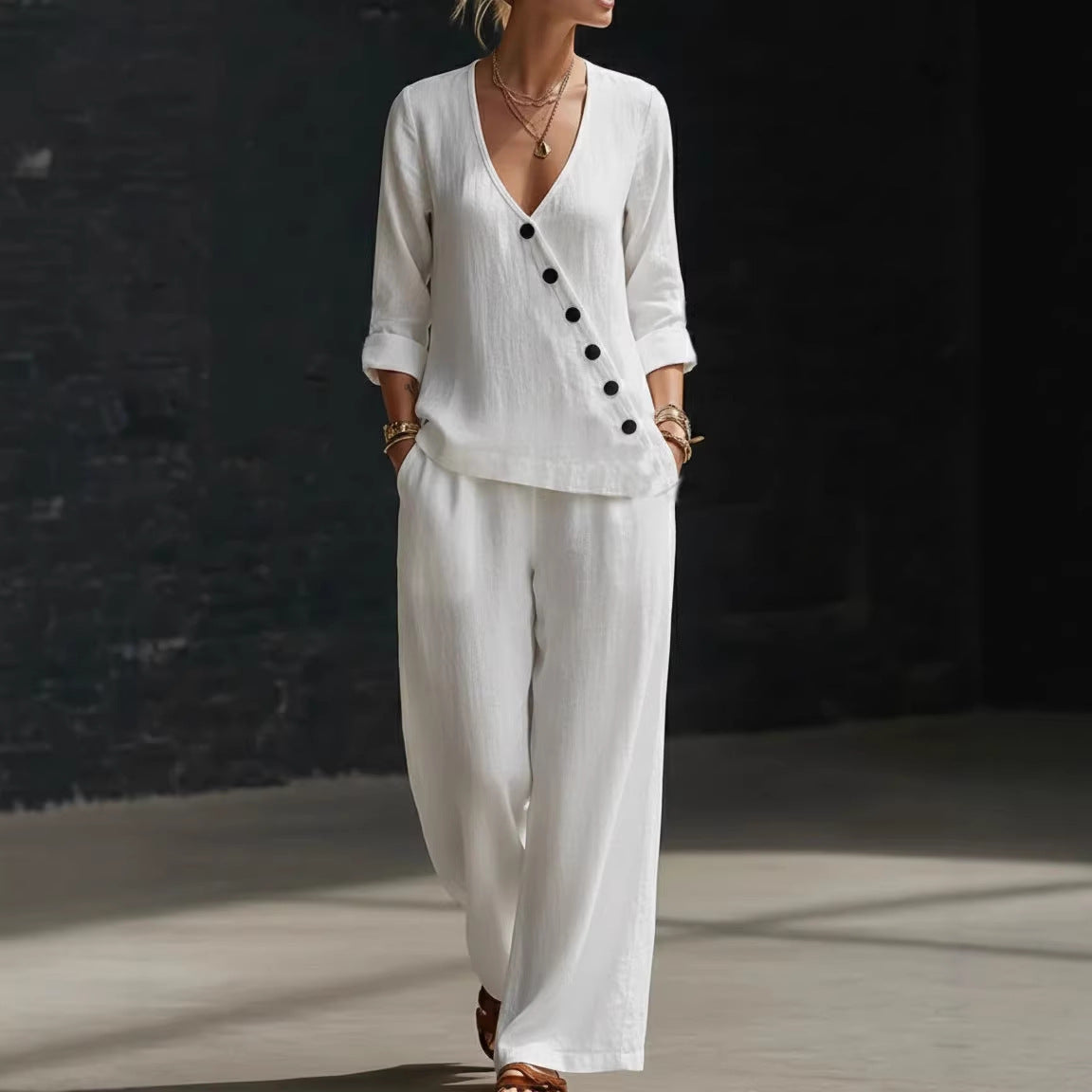Elegant White Linen Blend Two-Piece Set | Chic V-Neck Button Top & Wide Leg Pants Lounge Set