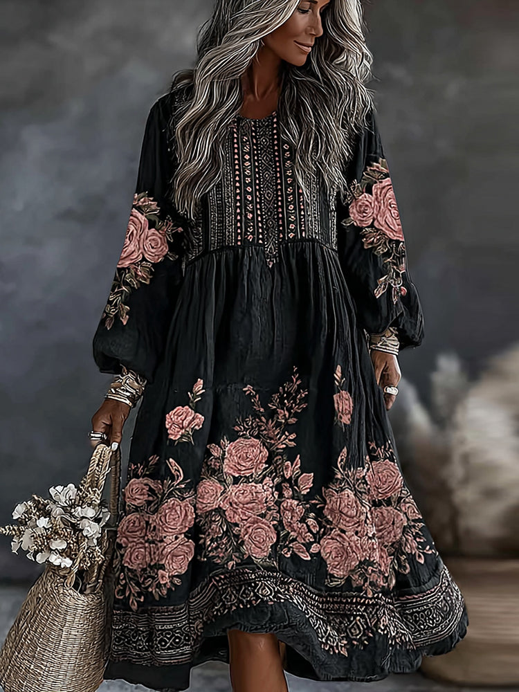 Women's Vintage Floral Art Flowy Linen Blend Casual Round Neck Long Sleeve Maxi Dress