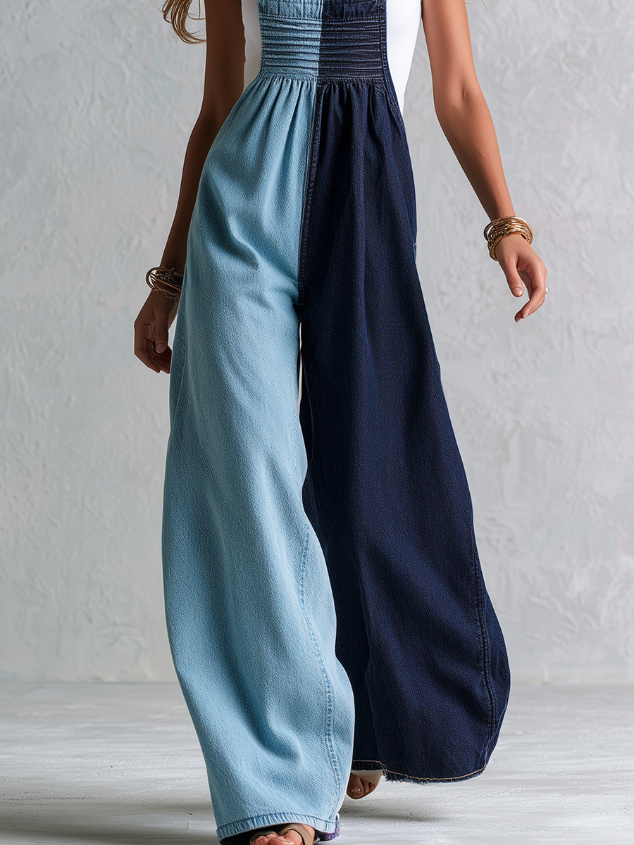 Modern Blue Color Block Denim Wide Leg Jumpsuit
