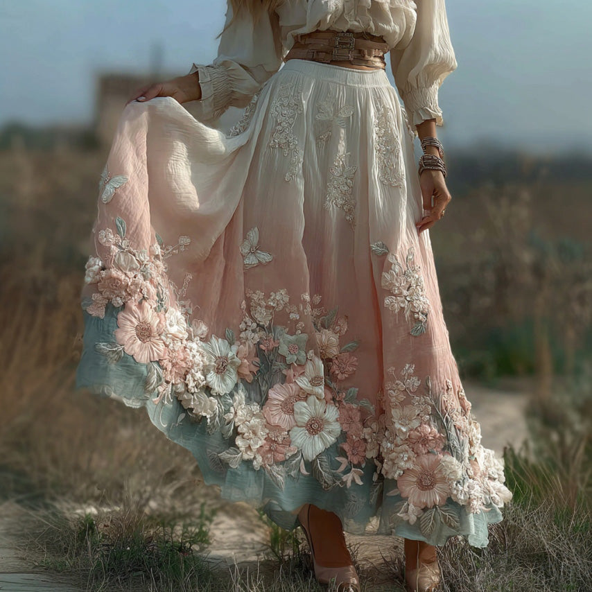 Women's Retro Floral Linen Blend Casual Midi Skirt
