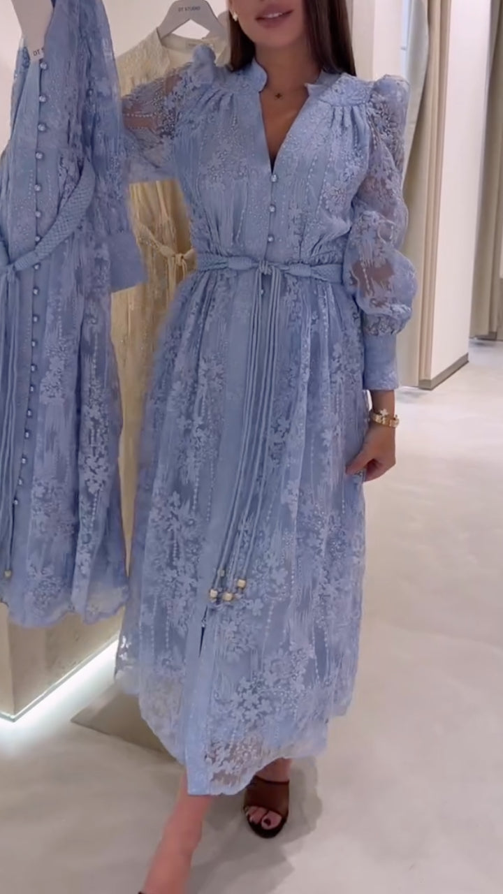 Lace Embroidery Lantern Sleeve Tie Waist A-Line Midi Dress