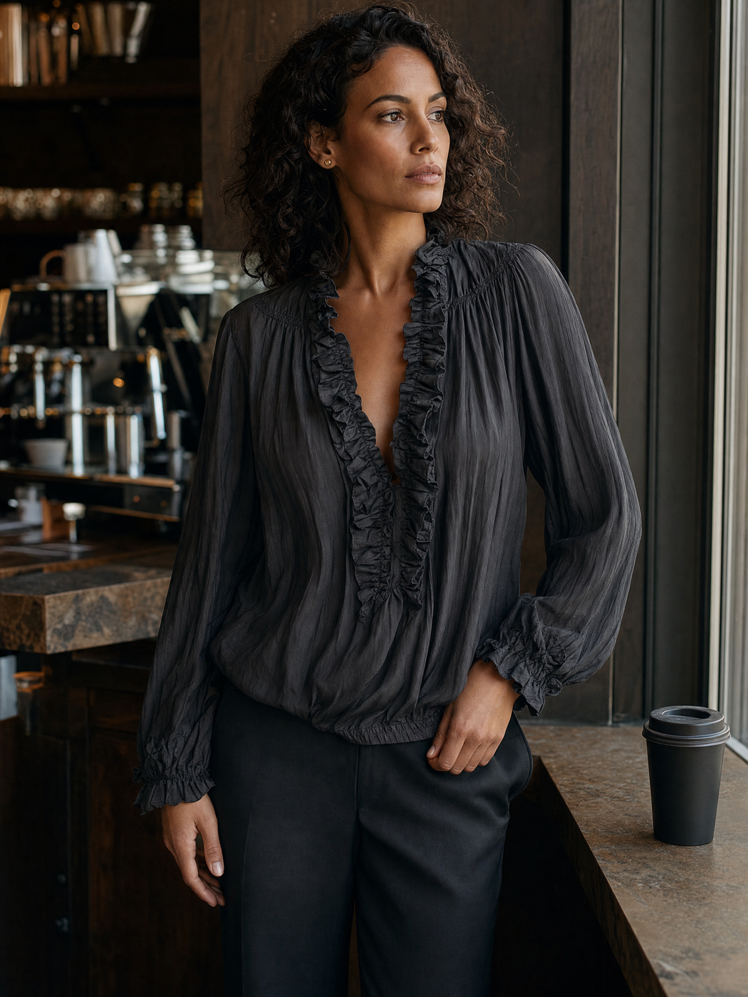 Sheer Ruffle V-Neck Bohemian Blouse