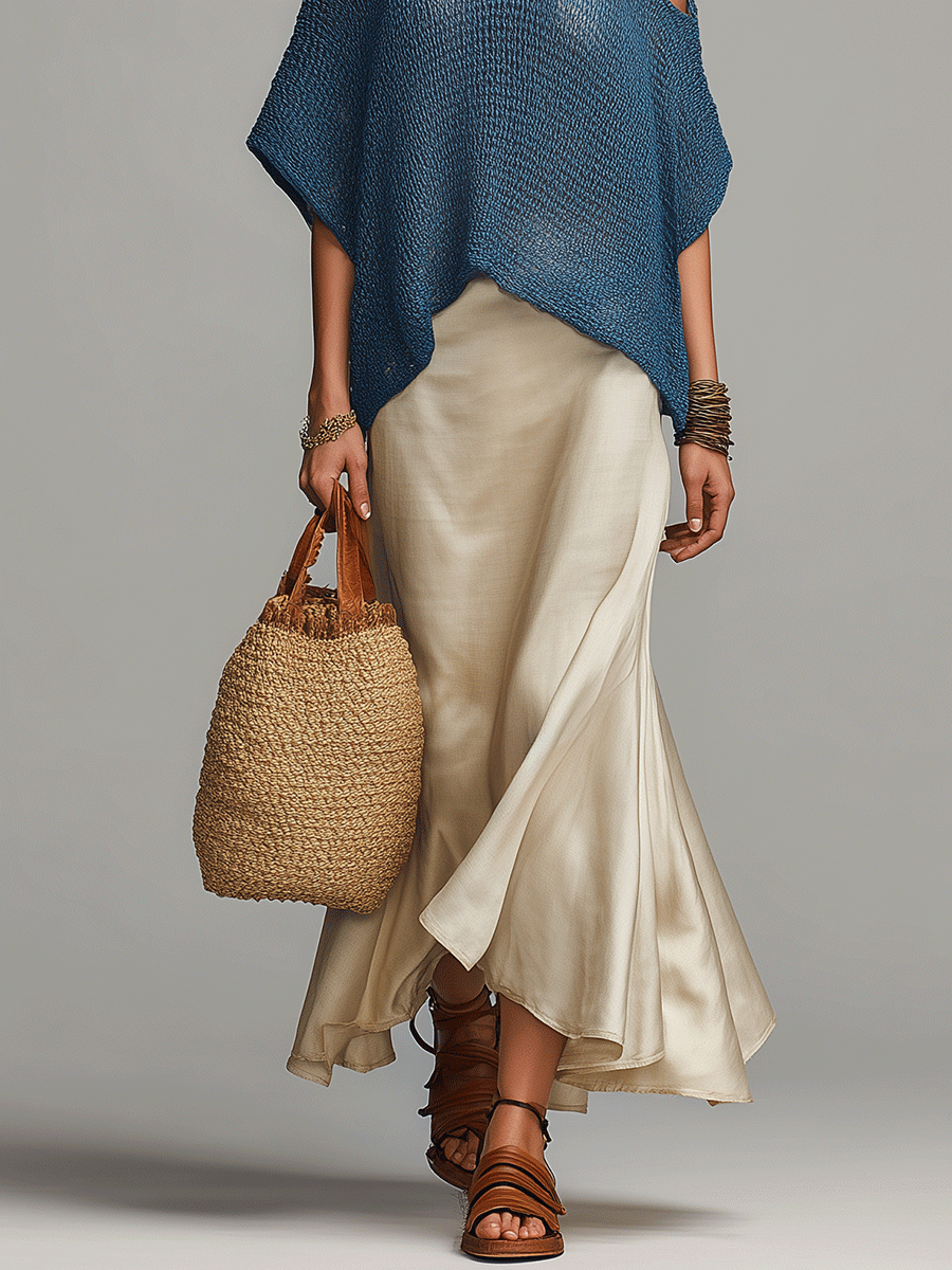 Effortless Coastal Elegance Off-Shoulder Blue Knit & Flowing Skirt Look