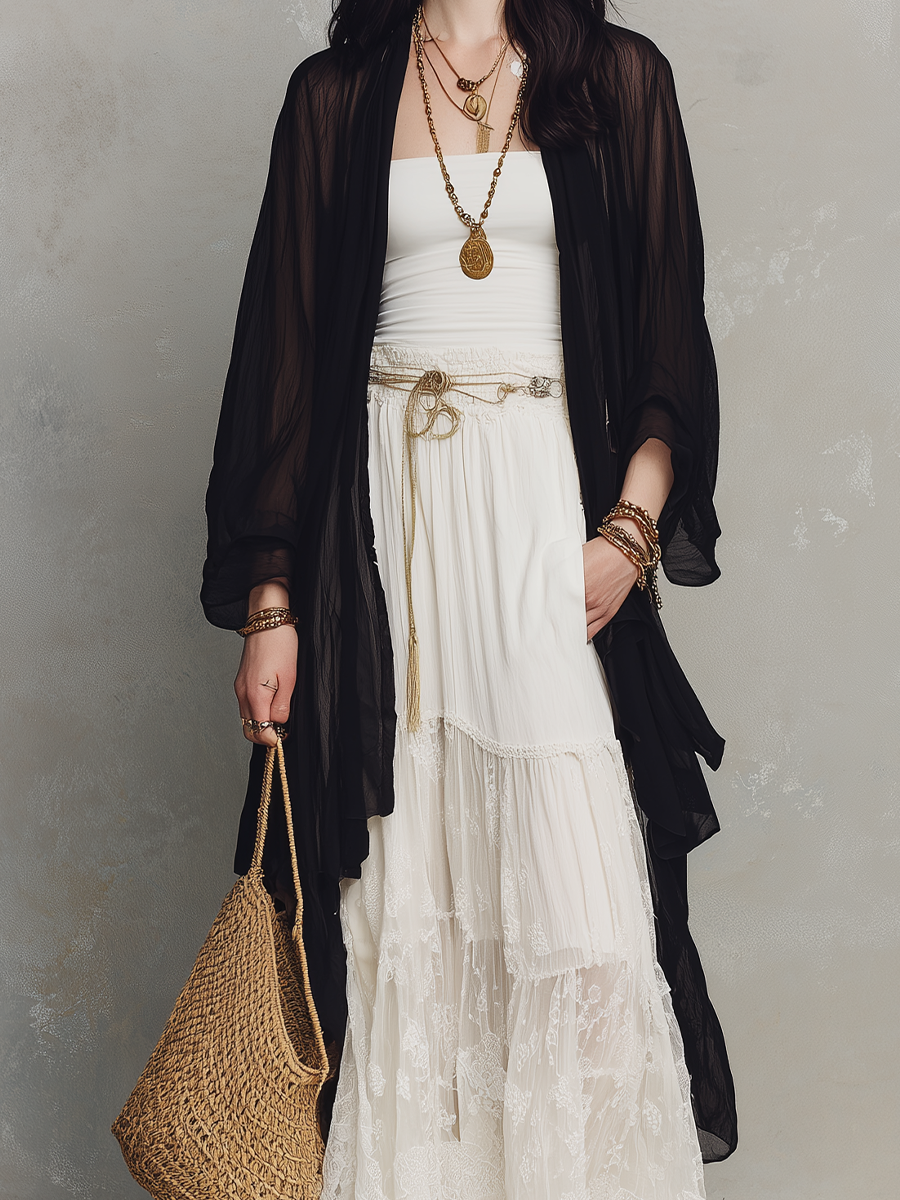 Black Sheer Duster & Ivory Lace Tiered  – Modern Bohemian Elegance Maxi Skirt