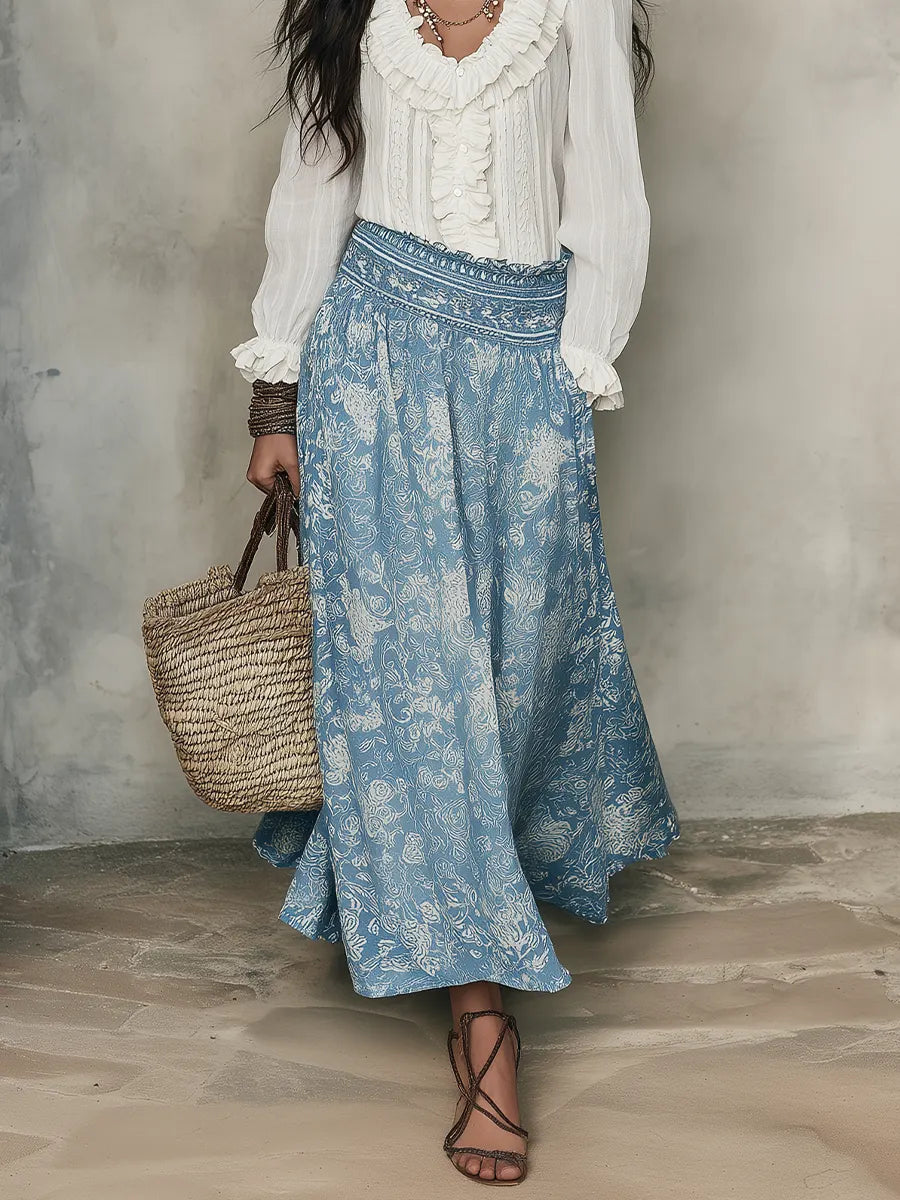 Bohemian-Style White Ruffled Shirt And Blue Jacquard Midi Skirt