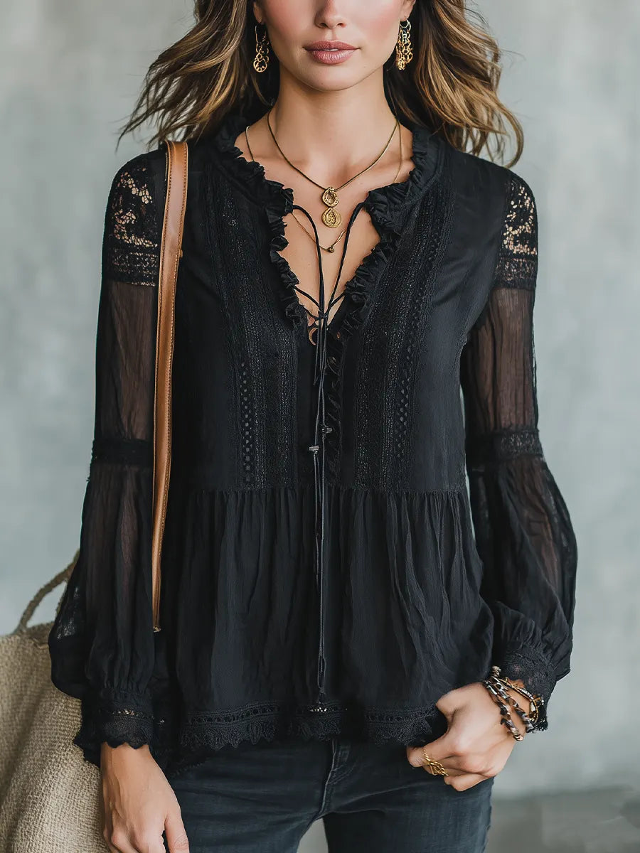 Elegant Black Lace Trim Blouse