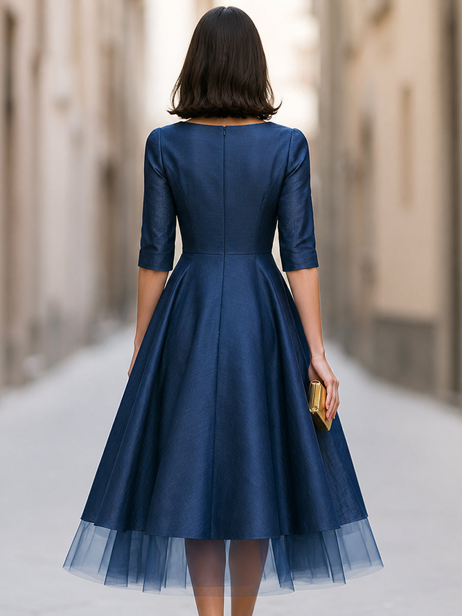 Tulle Hem Bateau Neck A-Line Midi Dress