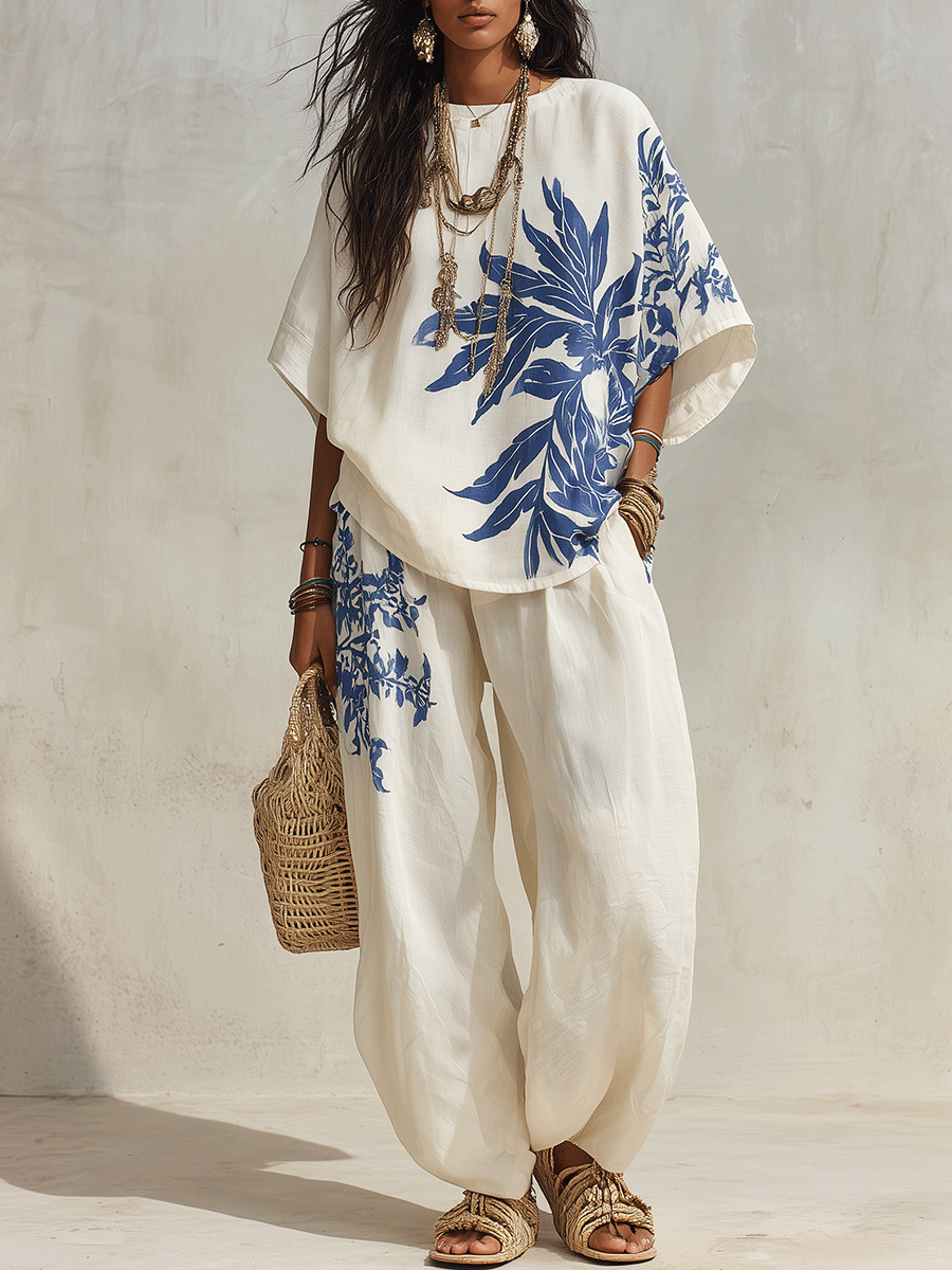 Resort Chic Linen Botanical-Print Wide-Leg Blue & White Loungewear Set