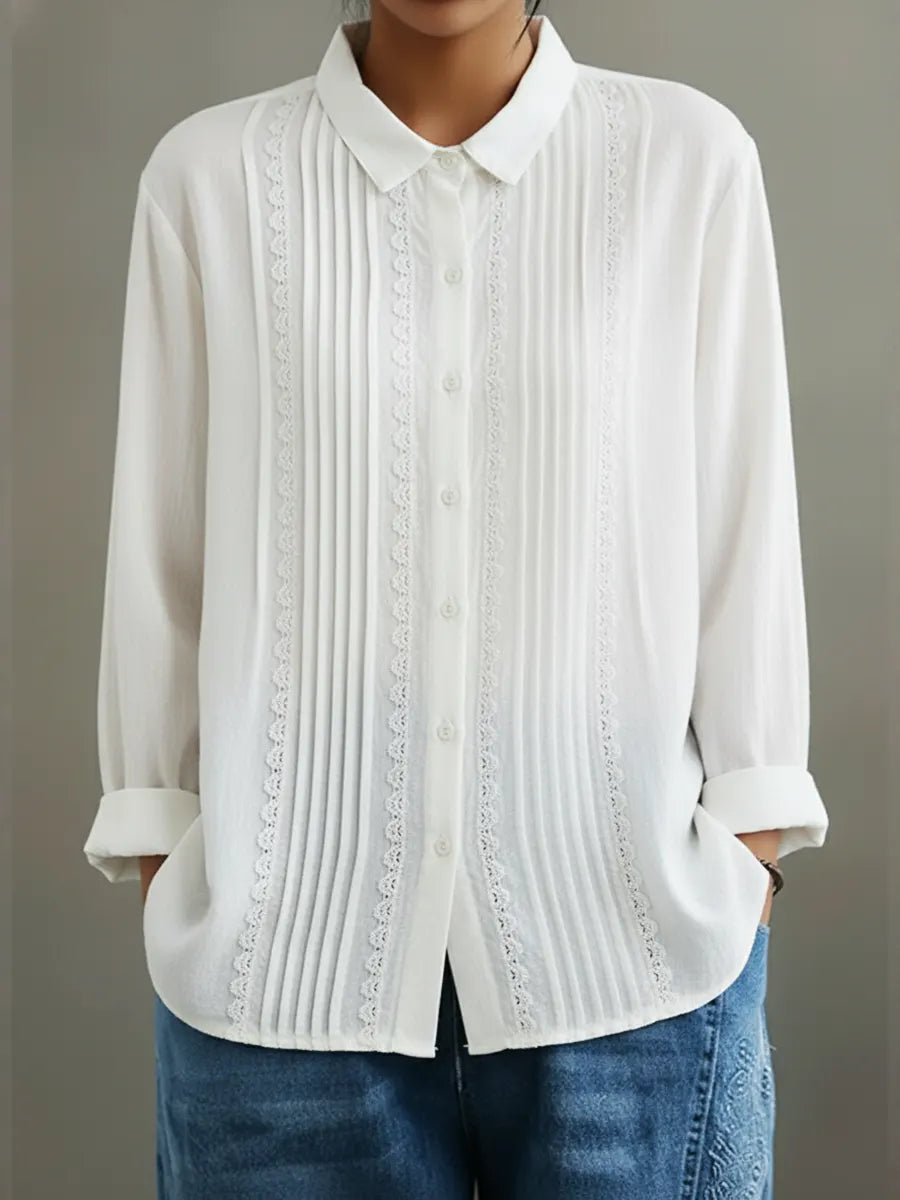 Women's Patchwork Lace Trim Linen And Cotton Pleated Shirt